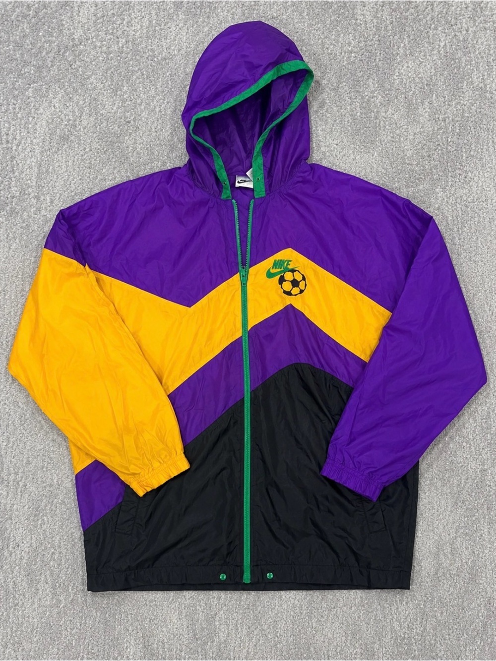 Vintage Nike Soccer Windbreaker Jacket Purple Yellow Green Hooded Full Zip